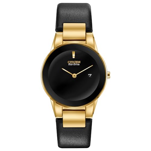 Image of Citizen Women Ladies' Citizen Eco-Drive Axiom Gold-Tone Black Leather Strap Analog Watch Ga1052-04E