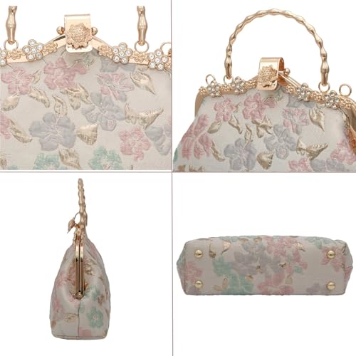 Pochette de soirée en forme de fleur relief brillant avec sangle et perles