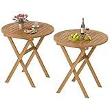 RELAX4LIFE Round Outdoor Folding Table - 26’’ Acacia Wood Patio Bistro Table w/Slatted Tabletop for Indoor Outside Dining Camping, Portable Foldable Wooden Furniture for Garden Backyard Porch (2)