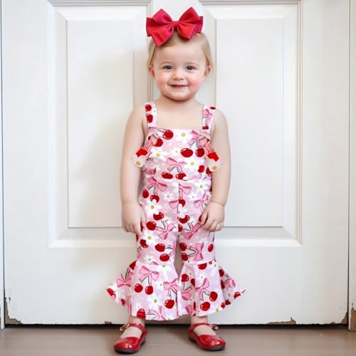 Emmababy Toddler Cherry Outfits Flare Romper Girls Strawberry Jumpsuit Baby Bell Bottoms Floral Suspender Wide Leg Jumpsuit3