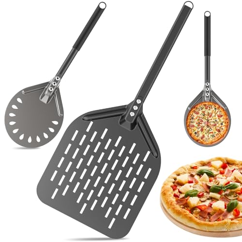 BugyKido Perforierter Pizzaschieber, 12 Zoll Pizzaschaufel und 6 Zoll Pizzawender mit Abnehmbaren Griff, Hart Eloxiertes Aluminium Pizzaschaufel zum Wenden und Transportieren von selbstgemachter Pizza