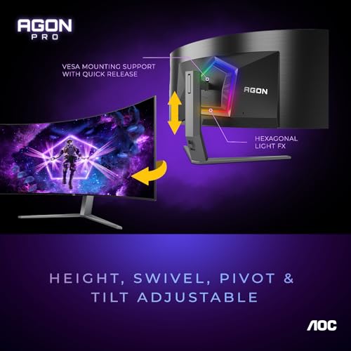 Image of AOC Agon PRO AG456UCZD 45'' Ultra Wide Curved OLED Gaming Monitor, 21:9 WQHD 3440x1440, 240Hz 0.03ms, FreeSync Premium, 800R, USB-C Docking, Frameless, PS5 /Switch /Xbox; Light FX, Height Adjustable