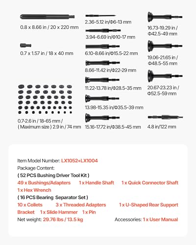 Image of VEVOR 52pcs Custom Bushing Bearing And Seal Driver Set & 16pcs Slide Hammer Puller Set, 2 in 1 Bushing Bearing Driver Press Kit, Heavy Duty Removal Puller Installation Set with 49 Bushings, 10 Collets