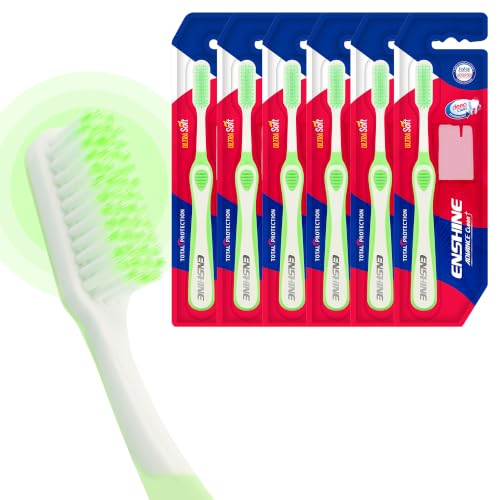 Image of Enshine Advance Clean+ Soft Toothbrush for Adults - Pack of 6 | Ultra Soft Tapered PBT Bristles | Tooth Brush Set with Non-Slip Grip | Manual Toothbrushes for Sensitive Gums & Enamel | Color Green