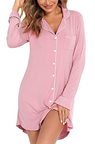 Image of Samring Nightgown for Women Long Sleeve Button Down Night Gown Boyfriend Nightdress Sleep Shirts