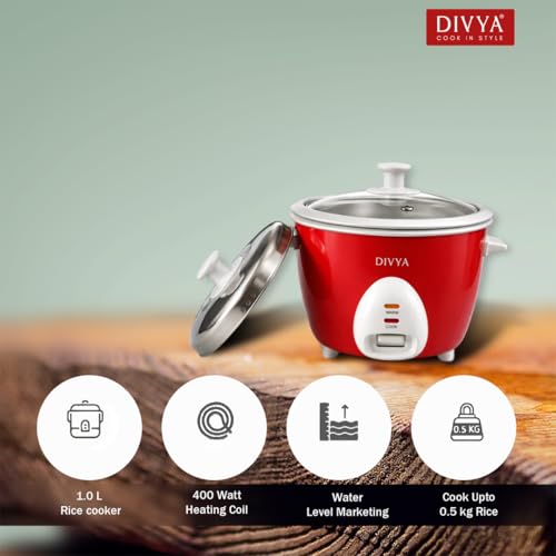 Image of DIVYA 1.0 L Drum Electric Rice Cooker for Home | 400 W | Double Pot Anodised Aluminium | Glass & Stainless Steel Lid | Cook & Keep Warm Function | Compact Rice Cooker | Red