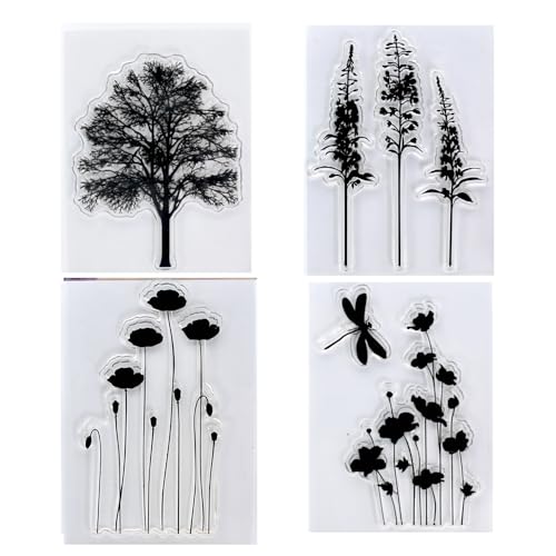 Kwan Crafts 4 Sheets Different Style Tree Flowers Clear Stamps for Card Making Decoration and DIY Scrapbooking