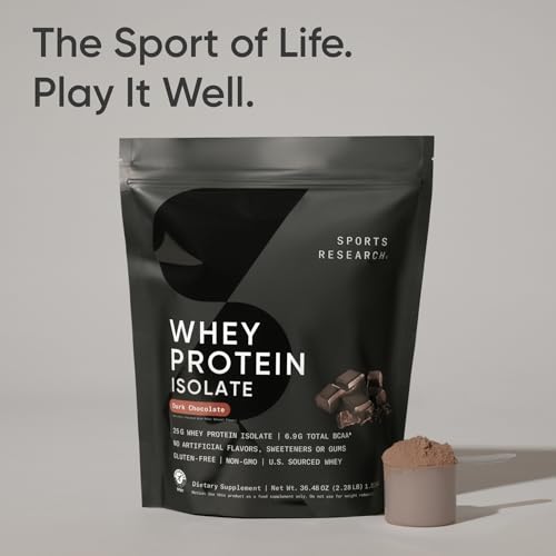 Image of Sports Research 100% Whey Protein Isolate Dark Chocolate - U.S. Sourced Protein Powder w /BCAAs - No Artificial Flavors or Gums- Informed Sport Tested . Gluten Free - 2lb Bulk Bag, 25 Servings