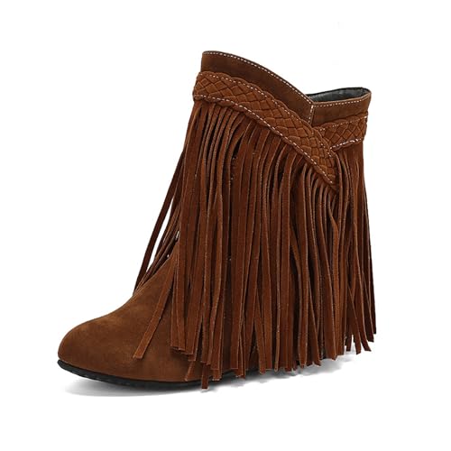 Women's Suede Tassels Mid Calf Boots Outdoor Western Fringe Cowgirl Booties Retro Pointed Toe Internal Height Increase Slip-on Ankle Boots
