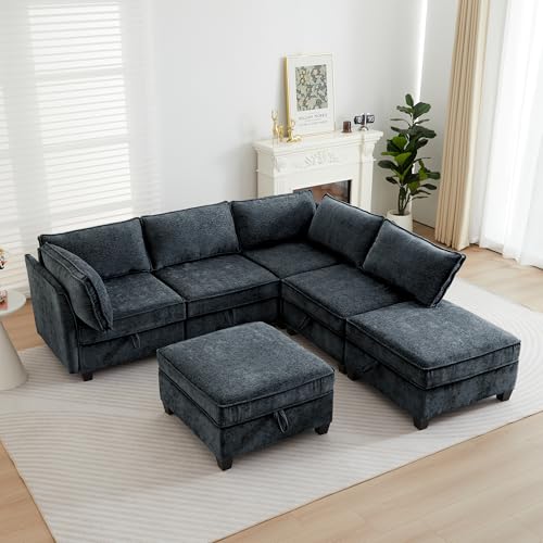 Image of ORRD Corner Modular Sectional Sofa Set, Convertible L Shaped Couch with Storage, 6 Seater Sofa Modular with Ottomans and Reversible Chaise for Living Room, Office (Blue Grey)