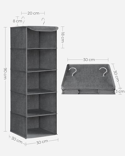 SONGMICS Hängeorganizer, Schrank-Organizer, Hängeregal, Hängeaufbewahrung, faltbar und platzsparend, Metallhaken und Bambus-Einsätze, leinenartige Textur, grau RYCH06G