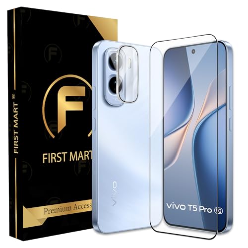 Image of FIRST MART Tempered Glass for Vivo T5 Pro 5G with Silver Camera Ring Guard & Installation Kit | HD Clear Edge-to-Edge Screen Protector, Scratch Resistant, Case-Friendly | Pack of 1