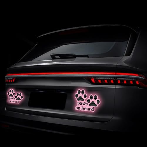 Image of 2pcs Reflective Paw Print Decal Dog Paws on Board Car Window Sticker Safety Warning Sign Stickers Funny Reflective Vinyl Stickers for Car Motorcycles Laptop (Pink)