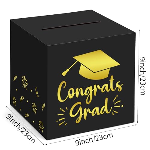 Image of Hooqict Graduation Card Box with Slot 9.1 inch Congrats Grad Black Gold Money Card Box for Class of 2026 Graduation Decorations Money Envelope Gifts Cards Holder Grad Party Supplies