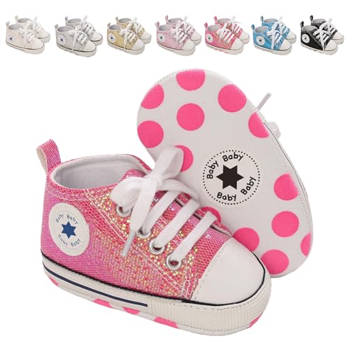 yibubu Baby Shoes Glitter Canvas Sneakers Fashion Shiny Lace-Up Infant Girl Shoes, Soft Sole Crib Shoes for First Walkers (0–18 Months) (Pink, Infant, 18 Months, Age, US Footwear Size System, Medium)