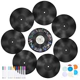 8PCS 11.6Inch Blank Vinyl Records Decor with 12 Colored Markers, 8 Vinyl Center Label, Fake Records for Indie Wall Aesthetic Room Decorations, 70s 80s 90s Rock & Roll Music Party Decor Retro Record