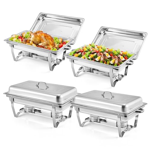 GarveeHome Chafing Dishes for Buffet 4 Pack, 8 Qt Stainless Steel Chafers and Buffet Warmers Sets With Lid, Rectangle Serving Food Warmer Catering Supplies Buffet Display for Parties, Silver
