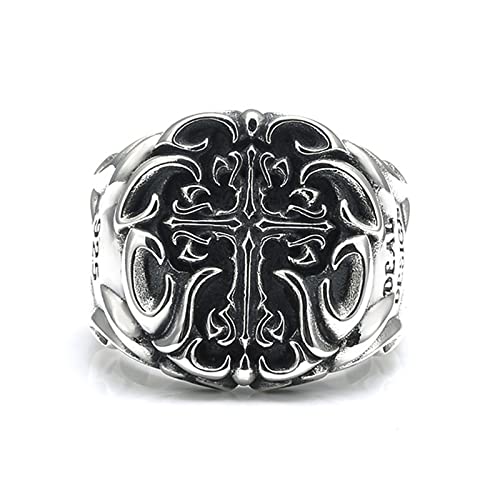 VOYADES925 Sterling Silver Cross Ring Vintage Thai Silver Cross Pattern Signet Ring Men's Punk Hip Hop Ring Jewelry