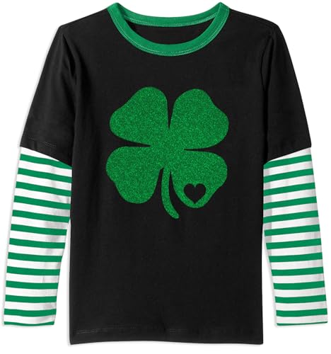 Image of Unisex Kid's St Patrick's Day Shamrock Top Striped Patchwork Irish Clover Long Sleeve Shirt 4-14 Years