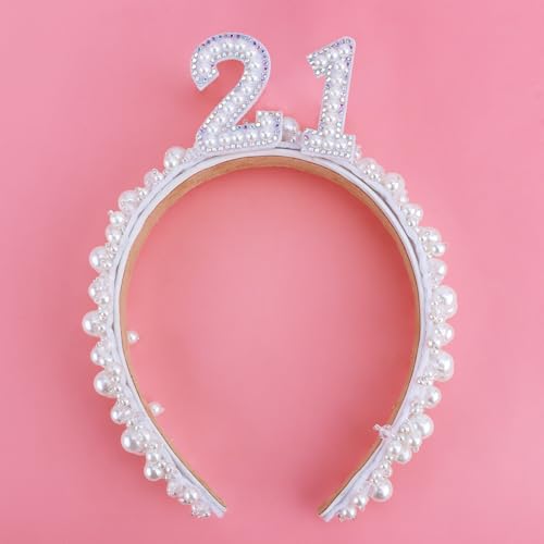 TOBATOBA 21st Birthday Crown Headband: Pearl Headband with 21 Letters for Women's 21st Birthday Dress or Casual Outfit for Her