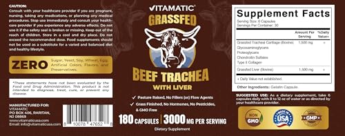 Vitamatic Grass-Fed Beef Trachea with Liver 180 Capsules – Freeze-Dried, Non-GMO, Bovine Trachea with Liver Supplement – Pasture-Raised, Glandular-Based Formula (180 Capsules, Beef Trachea)