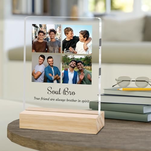 Image of Giftplease Customized Photo and Text Frame with Wooden Stand | Personalised Printed Photo Frame | Gift for Brother | Birthday | (Transparent, 5MM, 6 * 8 Inches), Tabletop BG 14