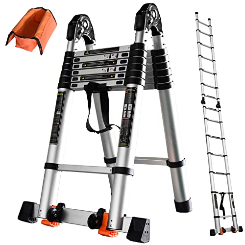 18FT Telescoping A Frame Ladder Portable Aluminum Extension Ladder Collapsiable to 38