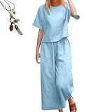 Linen Sets for Women 2 Piece,Summer Lounge Outfits Short Sleeve shirts and Wide Leg Breathable Cotton Linen Pant Sets (Sky Blue,M)