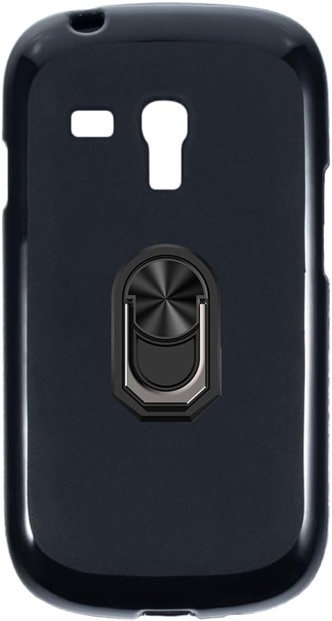 Flexible Case + Ring Holder Compatible with Samsung Galaxy S3 Mini i8190 Phone Shockproof Cover & Magnetic Mecha Style Finger Grip Kickstand (Black+BlackRing)