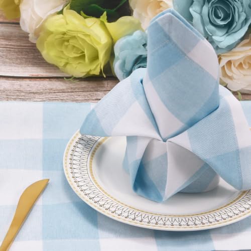Image of Cotton Cloth Napkins Set of 12 Blend Buffalo Plaid Table Napkins, 18 x 18 Inch Washable Dinner Napkins, Buffalo Checks Cloth Napkins for Restaurant, Wedding, Holiday, Farmhouse，Light Blue and White