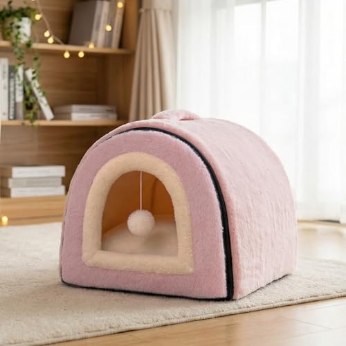 Image of Cat Bed for Indoor Cats,Foldable cat cave,Anti-Slip & Water-Resistant Bottom,cat Houses for Indoor Cats or Small Dogs, Kitten Tent, Rabbit Bed,2 in 1 pet Bed (Pink)