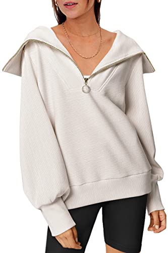 Efan Womens Oversized Half Zip Pullover Sweatshirts Trendy 1/4 Quarter Zip Up Hoodie Sweater Teen Girls Fall Y2K Clothes Off-White #TOP14