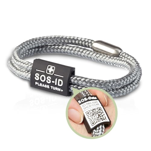 SOS-ID Lifestyle Notfallarmband aus robustem Segeltau mit QR-Code (Größe M/Silber) – langlebiges & wasserfestes SOS Armband für Notfälle – schneller Zugriff auf Gesundheitsdaten
