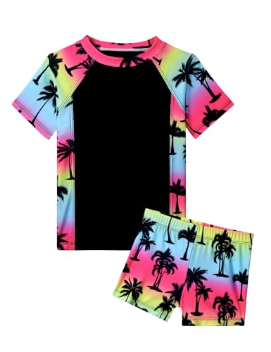 Image of Girl Swimsuits 2 Pieces Multicolor Short Sleeve Quick Dry Durable Rash Guard Set with Shorts