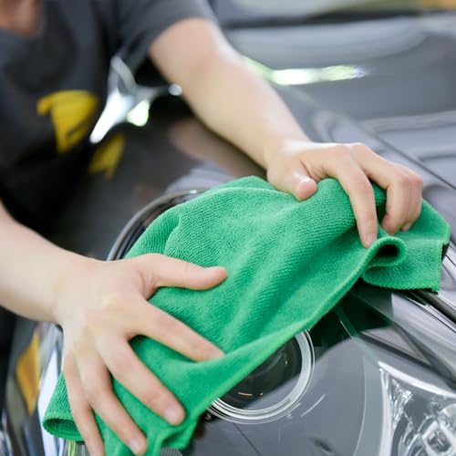 CARCAREZ Premium Microfiber Detailing Towels, 340 GSM Lint Free Car Buffing Waxing Polishing Drying Towel, Pack of 6 (Green) - 5