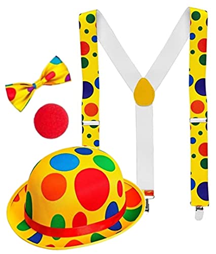 Dreamzfit - Set di 4 pezzi da circo pagliaccio costume da pagliaccio, naso, papillon e bretelle ~ adulto partito clown joker vestire accessori puntelli Cosplay partito bomboniere gioco di ruolo kit