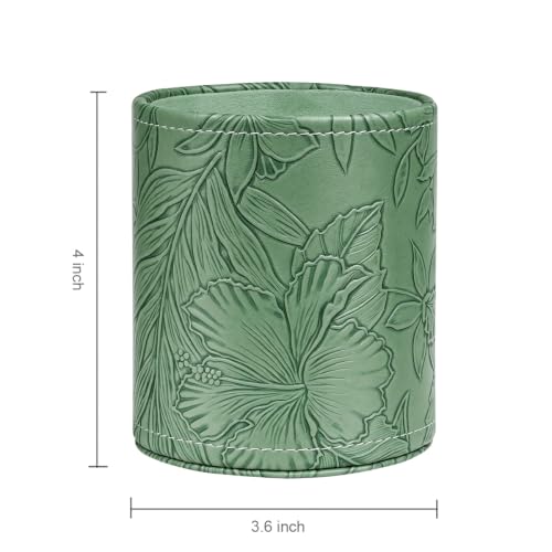 Image of Round Leather Pen Holder for Desk, Desktop Organizer, (Carved Green)