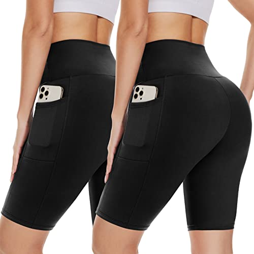 Fotociti 2er Pack Kurze Sporthose Damen mit Tasche High Waist Radlerhose Elastisch Shorts Sommer Boxershorts Unterhosen für Yoga Outdoor Zuhause Cover