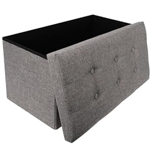 Dripex Large Folding Storage Ottoman Box Toy Chest and Footstool Grey Linen Fabric, Chest with Lid, 80L Capacity, Comfy Sponge Bench Space Saving 76 x 38 x 38 cm