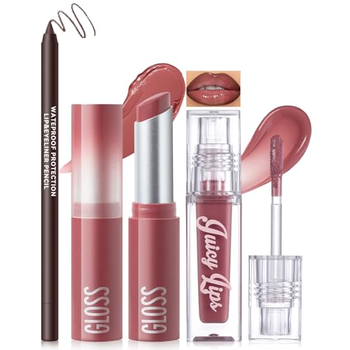Noerrors 3PCS Matte Liquid Lipstick Lip Balm & Lipliner Kit Hydrating Tinted Brown Lipstick Plum Cherry Lip Gloss For Dry Lips Dewy Plumping Effect Moisturising Waterproof Lips Combo Trio Set #02