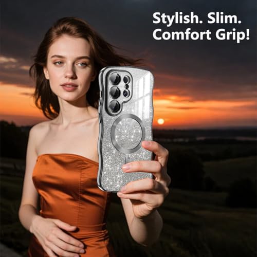 Meshine for Galaxy S26 Ultra Case, [Compatible with MagSafe][Built-in Camera Lens] Magnetic Curly Wavy Frame Shockproof Shiny Cute for Women Girls Cover for Samsung Galaxy S26 Ultra,Glitter Black - image 8