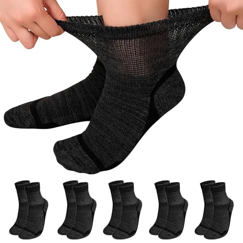LOFIR Calcetines Diabéticos Tobilleros para Mujer: Calcetines Cortos de Bambú sin Goma y sin Costuras - Puño Extra Ancho y sin Elásticos con Suela Acolchada para Pies Linfedema Negro 5 Pares 43-46