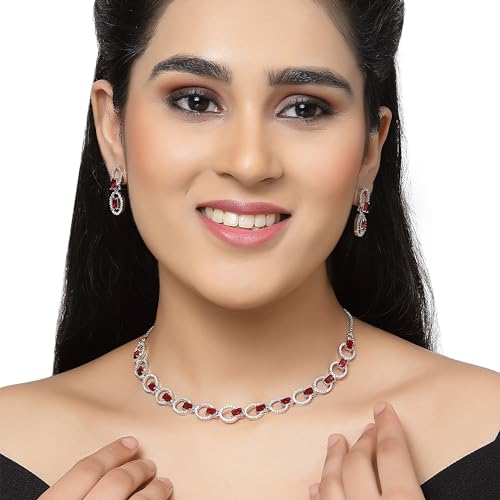 Image of ZENEME Rhodium-Plated American Diamond Studded Disc-Shaped Necklace With Earrings Jewellery Set For Girls and Women