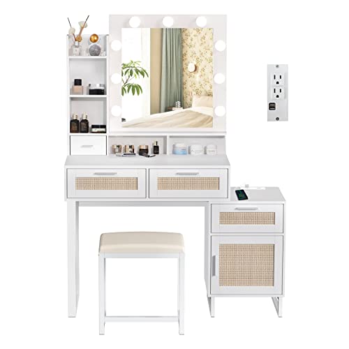Artethys Makeup Vanity Desk With Mirror And Lights Boho Vanity Table Set With Charging Station White And Rattan Vanity Desk With Drawers And Stool For Bedroom #TOP7