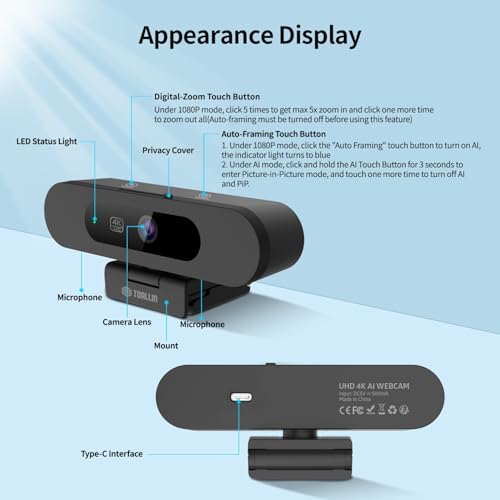 TOALLIN 4K Webcam for PC, Auto Tracking & Framing, 5X Zoom, Dual Mic - image 8