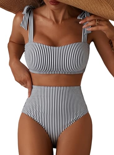 Herseas Women's Black Striped 2 Piece Bikini Sets Adjustable Tie