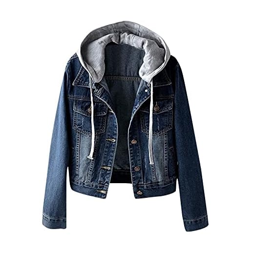 Générique Veste Jean Capuche Femme Blouson En Jean Pas Cher Manches Longues Veste Demi-Saison Décontractée Basique Mode Boutonnée Manteau En Denim Ample Blouson