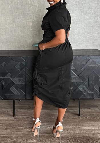 LAJIOJIO Women's Casual Cargo Dresses,V Neck Short Sleeve Drawstring Long Dress with Pockets2