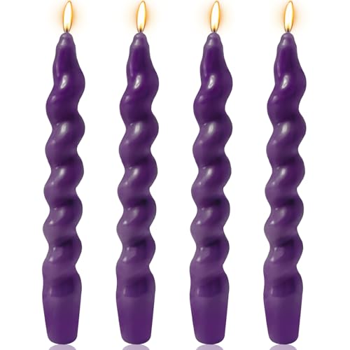 4 Pack 7 Inch Purple Spiral Taper Candles, Unscented Dripless Fat Twisted Candlesticks for Home Décor Party Wedding and Celebrations