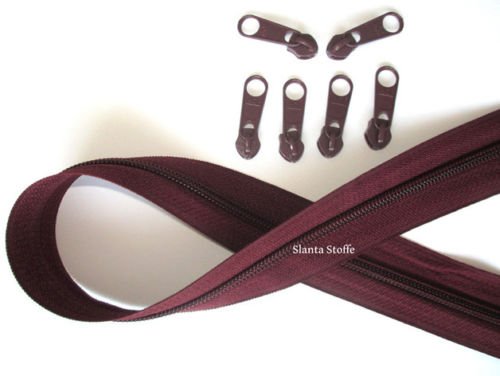 2m Reißverschluss endlos, Spirale 5mm + 6 Schieber/Zipper 27 Farben, Meterware (Bordeaux)